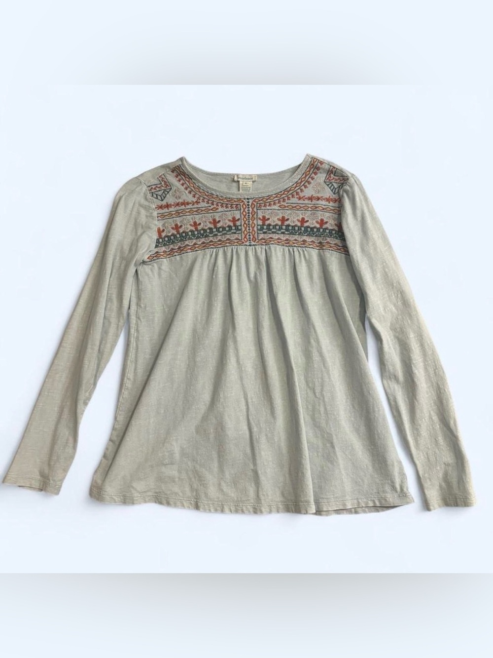 Sundance Medium Long Sleeve Embroidered Peasant Shirt Blue Cotton Boho Cactus - Picture 3 of 6